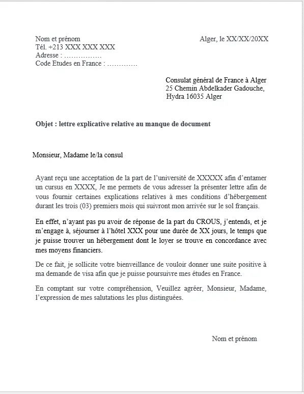 Lettre explicative pour Visa d'étude : Exemplaire et 